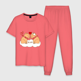 Мужская пижама хлопок с принтом Капибара влюблен: be capy , 100% хлопок | брюки и футболка прямого кроя, без карманов, на брюках мягкая резинка на поясе и по низу штанин
 | 