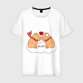 Мужская футболка хлопок с принтом Капибара влюблен: be capy , 100% хлопок | прямой крой, круглый вырез горловины, длина до линии бедер, слегка спущенное плечо. | 
