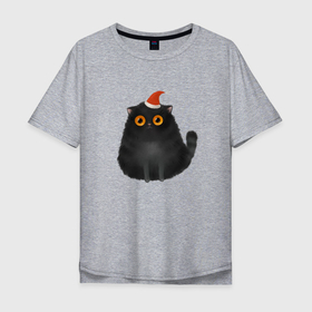 Мужская футболка хлопок Oversize с принтом Новогодний чёрный котик в красном колпаке в Екатеринбурге, 100% хлопок | свободный крой, круглый ворот, “спинка” длиннее передней части | Тематика изображения на принте: 