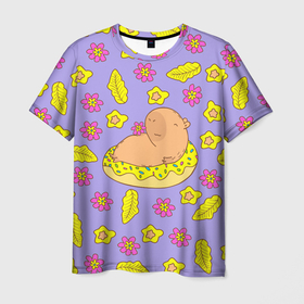 Мужская футболка 3D с принтом Капибара на надувном пончике , 100% полиэфир | прямой крой, круглый вырез горловины, длина до линии бедер | 