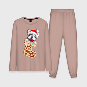 Мужская пижама с лонгсливом хлопок с принтом Новогодний французский бульдог в колпаке и в носке подарок в Курске,  |  | Тематика изображения на принте: 