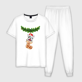 Мужская пижама хлопок с принтом Новогодний французский бульдог в носке  игрушка в Курске, 100% хлопок | брюки и футболка прямого кроя, без карманов, на брюках мягкая резинка на поясе и по низу штанин
 | 