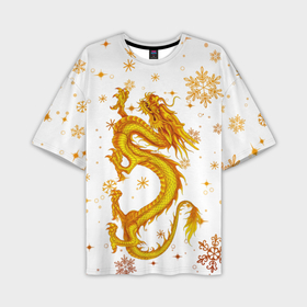 Мужская футболка oversize 3D с принтом Золотой дракон в снежинках в Курске,  |  | Тематика изображения на принте: 