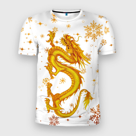 Мужская футболка 3D Slim с принтом Золотой дракон в снежинках в Курске, 100% полиэстер с улучшенными характеристиками | приталенный силуэт, круглая горловина, широкие плечи, сужается к линии бедра | Тематика изображения на принте: 