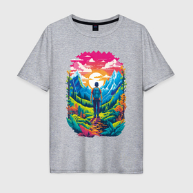 Мужская футболка хлопок Oversize с принтом Путешественник в горах , 100% хлопок | свободный крой, круглый ворот, “спинка” длиннее передней части | 