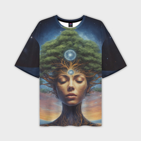 Мужская футболка oversize 3D с принтом Космическая женщина с деревом на голове в Белгороде,  |  | Тематика изображения на принте: 