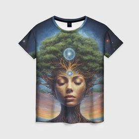 Женская футболка 3D с принтом Космическая женщина с деревом на голове , 100% полиэфир ( синтетическое хлопкоподобное полотно) | прямой крой, круглый вырез горловины, длина до линии бедер | 