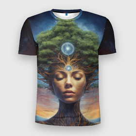 Мужская футболка 3D Slim с принтом Космическая женщина с деревом на голове в Белгороде, 100% полиэстер с улучшенными характеристиками | приталенный силуэт, круглая горловина, широкие плечи, сужается к линии бедра | Тематика изображения на принте: 