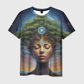 Мужская футболка 3D с принтом Космическая женщина с деревом на голове в Белгороде, 100% полиэфир | прямой крой, круглый вырез горловины, длина до линии бедер | Тематика изображения на принте: 
