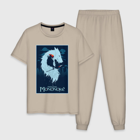 Мужская пижама хлопок с принтом Мононоке волчица в Тюмени, 100% хлопок | брюки и футболка прямого кроя, без карманов, на брюках мягкая резинка на поясе и по низу штанин
 | Тематика изображения на принте: 