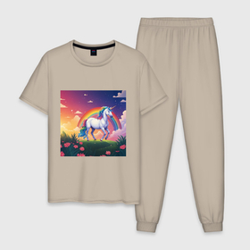 Мужская пижама хлопок с принтом Единорог гуляет по лугу на фоне радуги в Кировске, 100% хлопок | брюки и футболка прямого кроя, без карманов, на брюках мягкая резинка на поясе и по низу штанин
 | 