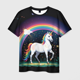 Мужская футболка 3D с принтом Единорог и радуга со звездами , 100% полиэфир | прямой крой, круглый вырез горловины, длина до линии бедер | 