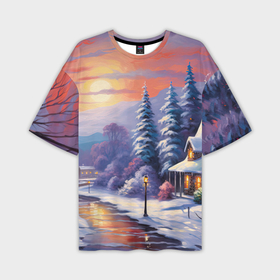 Мужская футболка oversize 3D с принтом Заснеженный  новогодний лес   чудес в Белгороде,  |  | Тематика изображения на принте: 