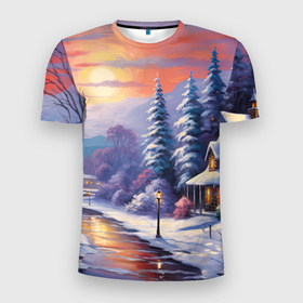 Мужская футболка 3D Slim с принтом Заснеженный  новогодний лес   чудес в Новосибирске, 100% полиэстер с улучшенными характеристиками | приталенный силуэт, круглая горловина, широкие плечи, сужается к линии бедра | 
