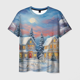 Мужская футболка 3D с принтом Сказочный новогодний городок , 100% полиэфир | прямой крой, круглый вырез горловины, длина до линии бедер | 