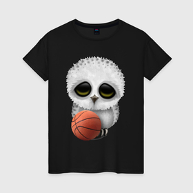 Женская футболка хлопок с принтом Сова баскетболист в Екатеринбурге, 100% хлопок | прямой крой, круглый вырез горловины, длина до линии бедер, слегка спущенное плечо | Тематика изображения на принте: 