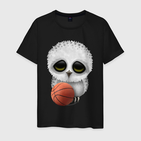 Мужская футболка хлопок с принтом Сова баскетболист в Новосибирске, 100% хлопок | прямой крой, круглый вырез горловины, длина до линии бедер, слегка спущенное плечо. | 