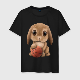 Мужская футболка хлопок с принтом Кролик баскетболист в Новосибирске, 100% хлопок | прямой крой, круглый вырез горловины, длина до линии бедер, слегка спущенное плечо. | 