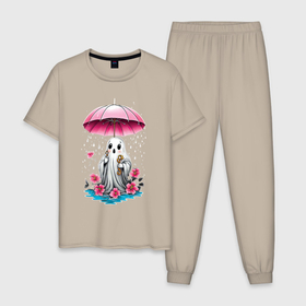 Мужская пижама хлопок с принтом Приведение под зонтиком , 100% хлопок | брюки и футболка прямого кроя, без карманов, на брюках мягкая резинка на поясе и по низу штанин
 | 