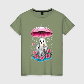Женская футболка хлопок с принтом Приведение под зонтиком , 100% хлопок | прямой крой, круглый вырез горловины, длина до линии бедер, слегка спущенное плечо | 