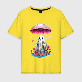 Мужская футболка хлопок Oversize с принтом Приведение под зонтиком , 100% хлопок | свободный крой, круглый ворот, “спинка” длиннее передней части | 