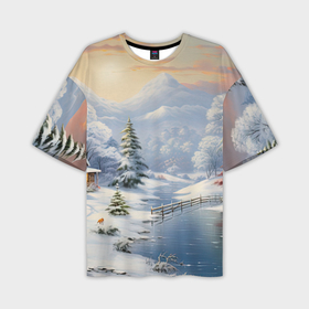 Мужская футболка oversize 3D с принтом Северное сияние торжества новогодний пейзаж в Кировске,  |  | 