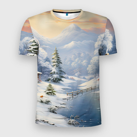 Мужская футболка 3D Slim с принтом Северное сияние торжества новогодний пейзаж в Петрозаводске, 100% полиэстер с улучшенными характеристиками | приталенный силуэт, круглая горловина, широкие плечи, сужается к линии бедра | Тематика изображения на принте: 