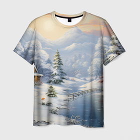 Мужская футболка 3D с принтом Северное сияние торжества новогодний пейзаж в Петрозаводске, 100% полиэфир | прямой крой, круглый вырез горловины, длина до линии бедер | Тематика изображения на принте: 