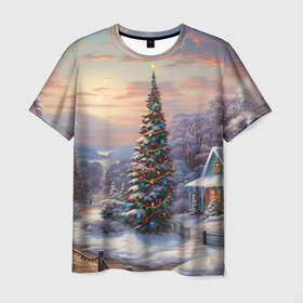 Мужская футболка 3D с принтом Новогодняя елка на улице , 100% полиэфир | прямой крой, круглый вырез горловины, длина до линии бедер | 