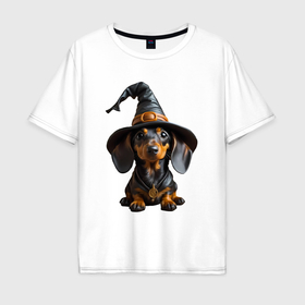 Мужская футболка хлопок Oversize с принтом Такса в шляпе ведьмы хэллоуин в Екатеринбурге, 100% хлопок | свободный крой, круглый ворот, “спинка” длиннее передней части | 
