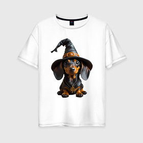 Женская футболка хлопок Oversize с принтом Такса в шляпе ведьмы хэллоуин в Белгороде, 100% хлопок | свободный крой, круглый ворот, спущенный рукав, длина до линии бедер
 | 