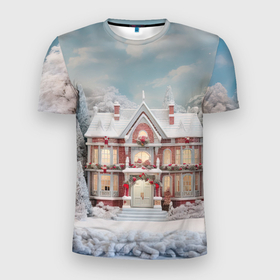 Мужская футболка 3D Slim с принтом Звездное кружево новогодней ночи в Новосибирске, 100% полиэстер с улучшенными характеристиками | приталенный силуэт, круглая горловина, широкие плечи, сужается к линии бедра | Тематика изображения на принте: 