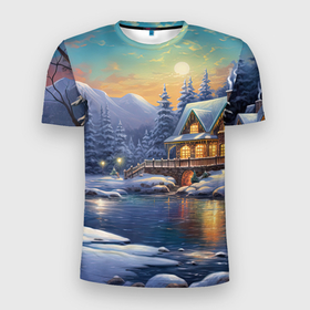 Мужская футболка 3D Slim с принтом Волшебство зимней ночи в Екатеринбурге, 100% полиэстер с улучшенными характеристиками | приталенный силуэт, круглая горловина, широкие плечи, сужается к линии бедра | 