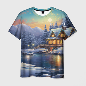 Мужская футболка 3D с принтом Волшебство зимней ночи в Санкт-Петербурге, 100% полиэфир | прямой крой, круглый вырез горловины, длина до линии бедер | Тематика изображения на принте: 