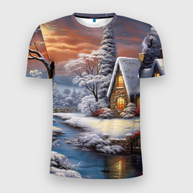Мужская футболка 3D Slim с принтом Зимний бал новогодних  огней в Санкт-Петербурге, 100% полиэстер с улучшенными характеристиками | приталенный силуэт, круглая горловина, широкие плечи, сужается к линии бедра | 