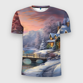 Мужская футболка 3D Slim с принтом Снежный вальс новогодней ночи в Екатеринбурге, 100% полиэстер с улучшенными характеристиками | приталенный силуэт, круглая горловина, широкие плечи, сужается к линии бедра | Тематика изображения на принте: 