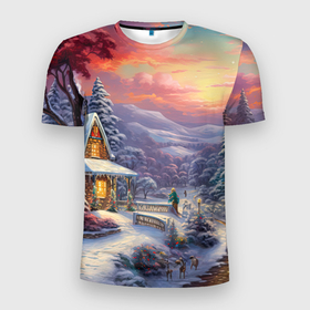 Мужская футболка 3D Slim с принтом Снежный вальс новогодней  ночи в Екатеринбурге, 100% полиэстер с улучшенными характеристиками | приталенный силуэт, круглая горловина, широкие плечи, сужается к линии бедра | Тематика изображения на принте: 