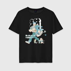 Женская футболка хлопок Oversize с принтом Аниме парень с котами в Санкт-Петербурге, 100% хлопок | свободный крой, круглый ворот, спущенный рукав, длина до линии бедер
 | 
