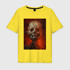 Мужская футболка хлопок Oversize с принтом Огненный череп картина , 100% хлопок | свободный крой, круглый ворот, “спинка” длиннее передней части | 