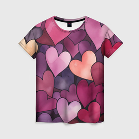 Женская футболка 3D с принтом Много акварельных сердец в Кировске, 100% полиэфир ( синтетическое хлопкоподобное полотно) | прямой крой, круглый вырез горловины, длина до линии бедер | 