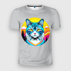 Мужская футболка 3D Slim с принтом Нейросеть   кот в стиле граффити в Кировске, 100% полиэстер с улучшенными характеристиками | приталенный силуэт, круглая горловина, широкие плечи, сужается к линии бедра | 