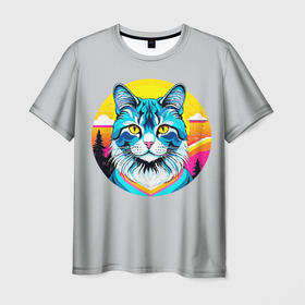 Мужская футболка 3D с принтом Нейросеть   кот в стиле граффити в Петрозаводске, 100% полиэфир | прямой крой, круглый вырез горловины, длина до линии бедер | 