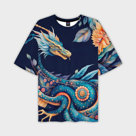 Мужская футболка oversize 3D с принтом Китайский дракон в стиле бохо с цветами и перьями в Новосибирске,  |  | Тематика изображения на принте: 