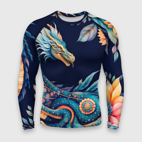Мужской рашгард 3D с принтом Китайский дракон в стиле бохо с цветами и перьями ,  |  | 