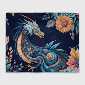 Плед 3D с принтом Китайский дракон в стиле бохо с цветами и перьями в Екатеринбурге, 100% полиэстер | закругленные углы, все края обработаны. Ткань не мнется и не растягивается | 