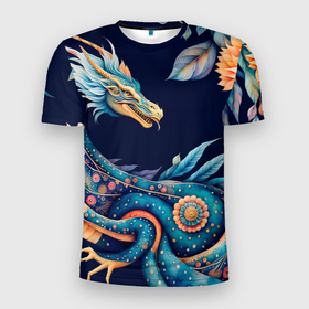 Мужская футболка 3D Slim с принтом Китайский дракон в стиле бохо с цветами и перьями в Новосибирске, 100% полиэстер с улучшенными характеристиками | приталенный силуэт, круглая горловина, широкие плечи, сужается к линии бедра | 