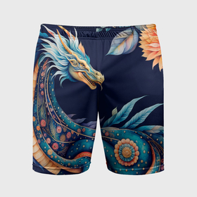 Мужские шорты спортивные с принтом Китайский дракон в стиле бохо с цветами и перьями в Новосибирске,  |  | Тематика изображения на принте: 