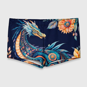 Мужские купальные плавки 3D с принтом Китайский дракон в стиле бохо с цветами и перьями , Полиэстер 85%, Спандекс 15% |  | Тематика изображения на принте: 