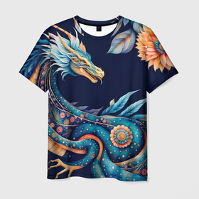 Мужская футболка 3D с принтом Китайский дракон в стиле бохо с цветами и перьями в Белгороде, 100% полиэфир | прямой крой, круглый вырез горловины, длина до линии бедер | Тематика изображения на принте: 