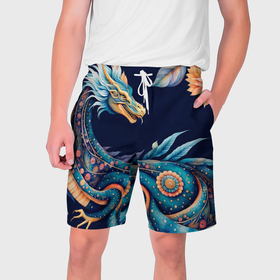 Мужские шорты 3D с принтом Китайский дракон в стиле бохо с цветами и перьями в Новосибирске,  полиэстер 100% | прямой крой, два кармана без застежек по бокам. Мягкая трикотажная резинка на поясе, внутри которой широкие завязки. Длина чуть выше колен | 